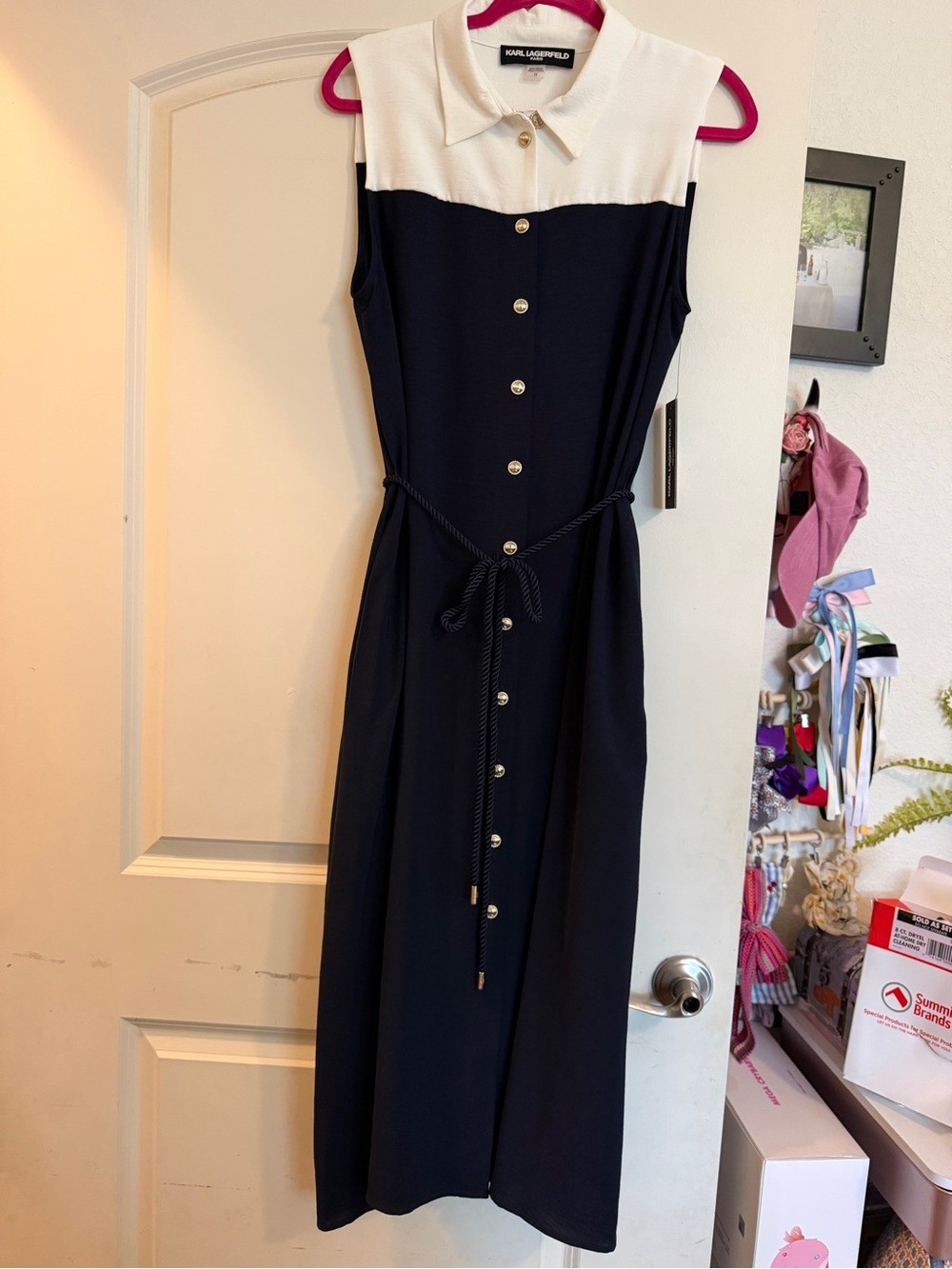 KARL LAGERFELD Navy and White Sleeveless Button-Front Midi Dress